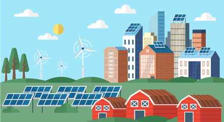 Solar energy vector illustration. The ecological benefits using renewable energy sources are significant The integration electrical power generation with renewable sources is innovative concept - obrazy, fototapety, plakaty