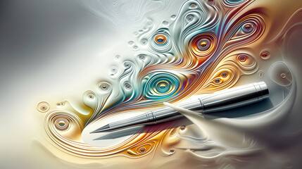 Abstract digital art of swirling patterns with silver pen on white background