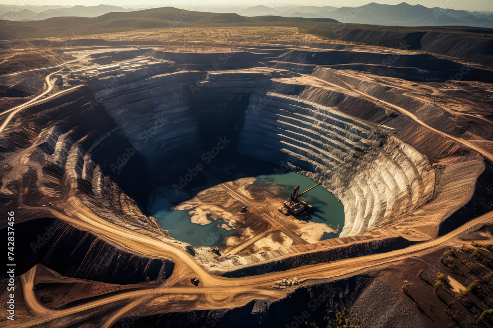 Poster an expansive aerial vista reveals an active opencast mining quarry bustling with heavy machinery in 