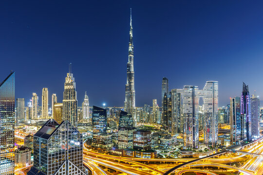 Dubai Burj Khalifa skyline tallest building in the world top view at twilight downtown