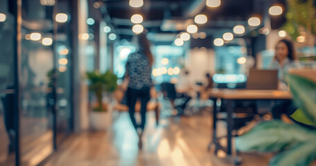 Business office with blurred people casual wear, with blurred bokeh background - obrazy, fototapety, plakaty