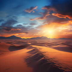 A desert landscape with sand dunes and a sunset.