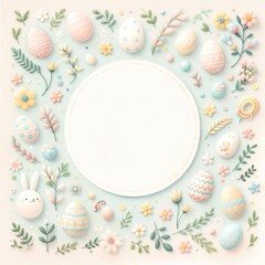 Fototapeta na wymiar Gentle Easter Circle Frame with Soft Pastel Eggs and Floral Touches 