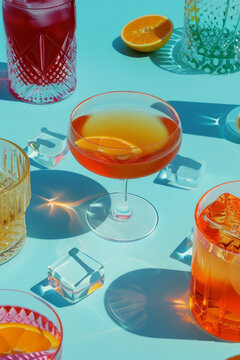 A colorful table full of fancy cocktails with a vintage advertisement style.