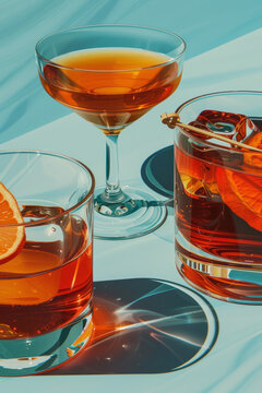 A colorful table full of fancy cocktails with a vintage advertisement style.