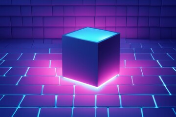 Abstract background in blue and purple neon glow colors on black.