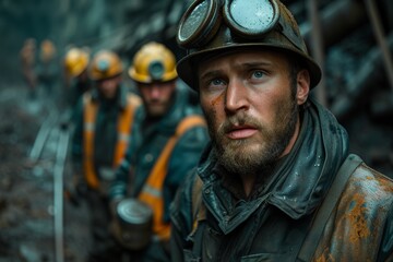 Obraz premium A team of brave firefighters donning protective workwear and helmets gather outside, their determined faces showing their readiness to tackle any danger