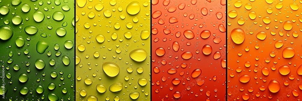Poster vivid water droplets on a colorful wet surface in close up, creating a mesmerizing macro background