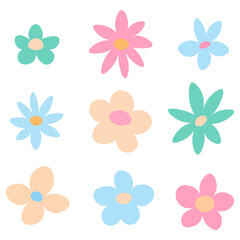 A vector illustration set featuring nine simplistic flowers in soft pastel colors, each bloom presenting a unique combination of petals and cheerful hues