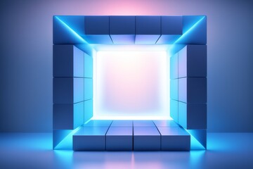 Abstract background in blue and purple neon glow colors on black.