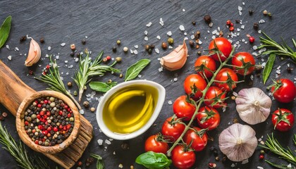 Olive oil, cherry tomatoes, herbs, and spices arranged on a textured black slate, creating a visually appealing border of colorful food ingredients.