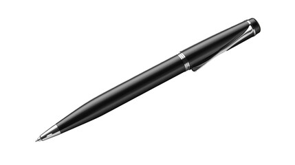 A sleek black pen resting on a transparent white surface, PNG file.