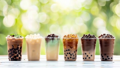 Assorted tapioca bubble teas on blurred coffee shop backdrop, with ample space for text placement. - obrazy, fototapety, plakaty