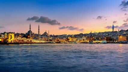Panoramic Istanbul City Twilight Turkey - obrazy, fototapety, plakaty