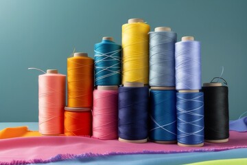 Colorful Thread Spools Arranged Neatly on Pink Fabric Background with Vibrant Colors
