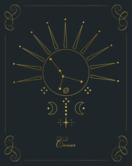 Magic astrology poster with Cancer constellation, tarot card. Golden design on a black background. Vertical illustration, vector