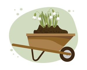 Gardening, garden wheelbarrow with snowdrop flowers. Icon, spring illustration, vector