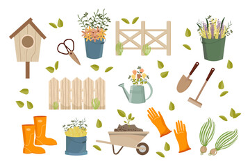 Gardening set, garden wheelbarrow, shovel, rake, boots, gloves, watering can, birdhouse, wooden signs. Icons, spring illustration, vector