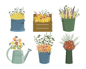 Gardening, buckets, watering cans and a wooden box with flowers. Icon set, design elements, vector © Tatiana