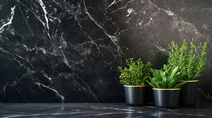 Black Marquina Marble with potted plants with copy space