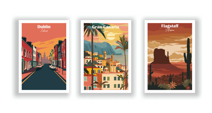 Dublin, Ireland. Flagstaff, Arizona. Gran Canaria, Spain - Vintage travel poster. Vector illustration. High quality prints