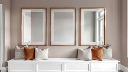 Fototapeta na wymiar white blank frame mirror on beige wall living room interior