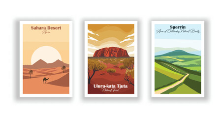 Sahara Desert, Africa. Sperrin. Uluru-kata Tjuta National Park - Vintage travel poster. Vector illustration. High quality prints © DesignerThc