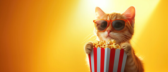 A cat with sunglasses and popcorn on a yellow background, an ideal banner for pet-themed cinema events, family movie nights, and quirky marketing for film releases. High quality illustration