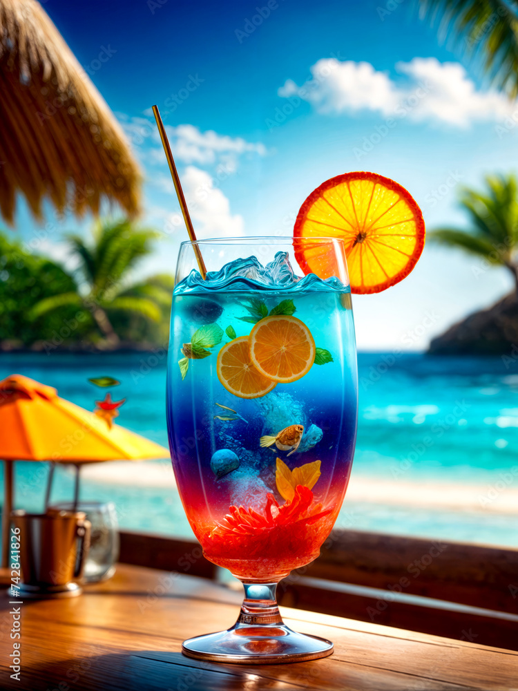 Poster drink with orange slices and fish in it on table next to the beach.
