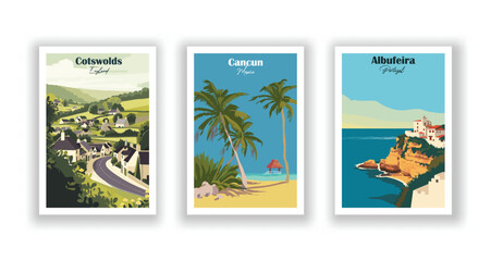 Albufeira, Portugal. Cancun, Mexico. Cotswolds, England - Vintage travel poster. Vector illustration. High quality prints