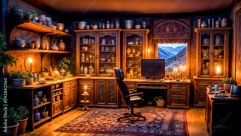 Aufkleber desk with computer on it in room with large window.