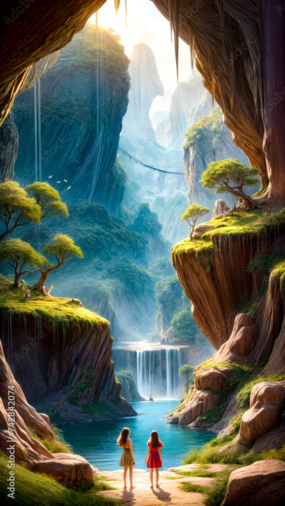 Poster painting of waterfall with trees and bridge in the middle of it.