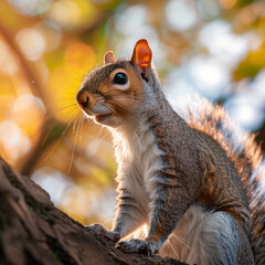 Curious Eastern Gray Squirrel Perched on Tree Branch with Sunlight Filtering Through Autumn Leaves, Captured in High-Resolution Close-Up