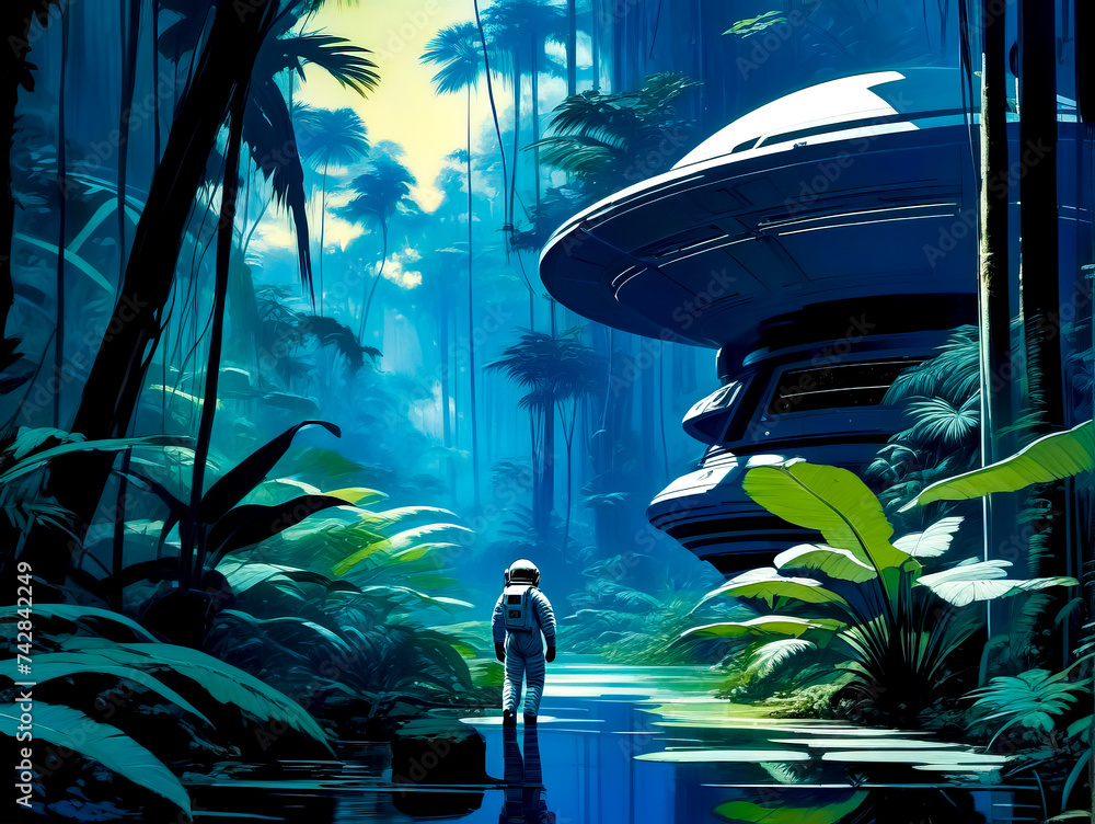 Poster man standing in the middle of forest with spaceship in the background.