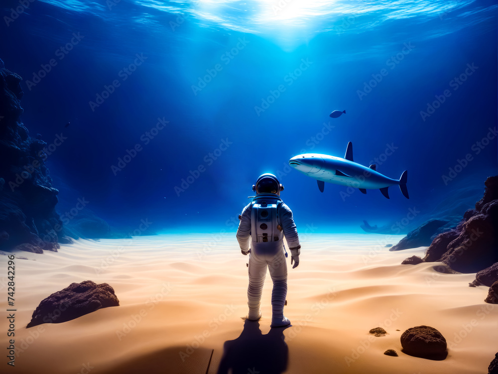 Aufkleber man in space suit standing in front of shark in the ocean.