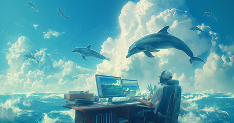 Man using computer to edit footage dolphins floating in the sky.imagin concept