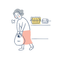 買い物袋が重くて困った表情のシニア女性