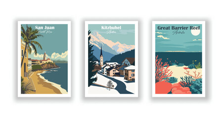 Great Barrier Reef, Australia. Kitzbuhel, Austria. San Juan, Puerto Rico - Vintage travel poster. Vector illustration. High quality prints