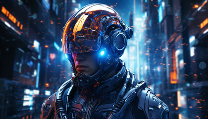 science fiction technology, cyborg with futuristic helmet - obrazy, fototapety, plakaty