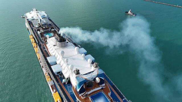 Smoke exhaust gas emissions from 
Cruise Ship, Cruise Liners beautiful white cruise ship above luxury cruise, diesel engine exhaust gas from combustion, Gas Emission Air Pollution from transportation