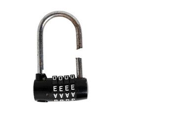 Broken padlock with code on white background
