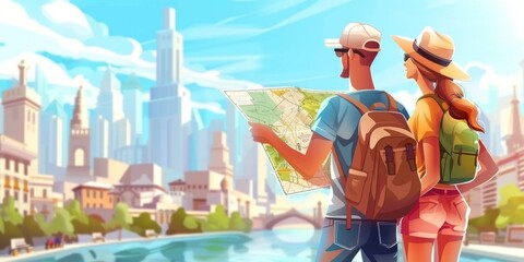 young couple traveling with a map in their hands drawing Generative AI