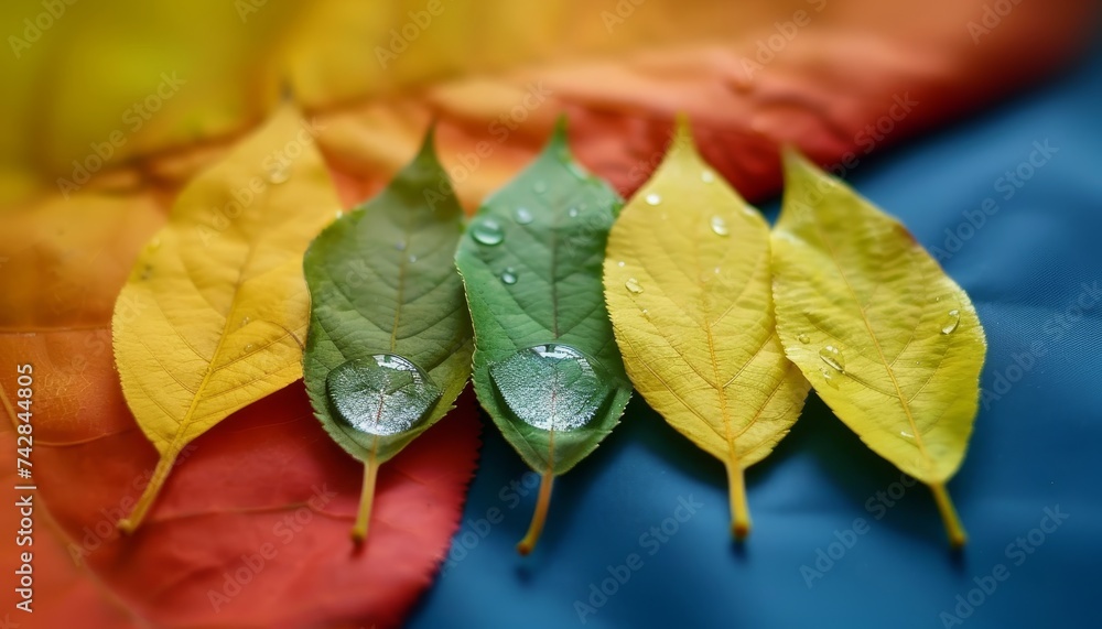 Poster vibrant water droplets on colorful wet surface in close up macro view for background