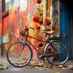 A vintage bicycle against a graffiti-covered wall.