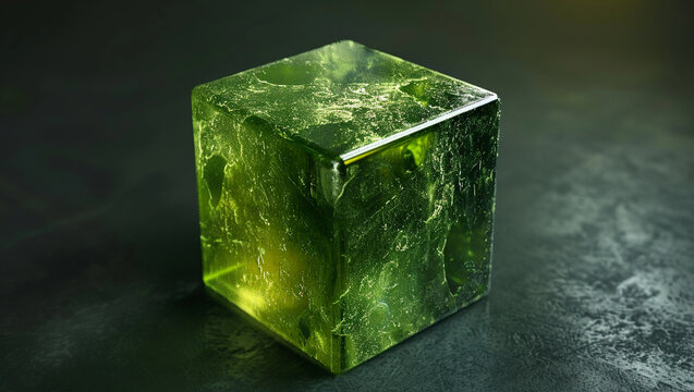 Emerald stone in the shape of a cube on a textured surface. 3D render of a faceted crystal.