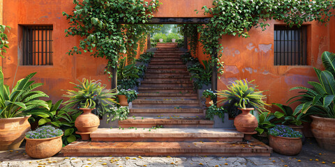 Fototapeta na wymiar mexican villa with rustic stairs