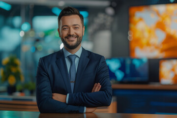 Professional anchor reporting on weather forecast against background with weather map in news studio. Male anchor in TV studio on air - obrazy, fototapety, plakaty