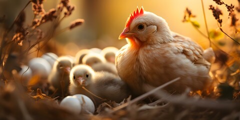 Mother hen protects chicks in sunlight reflecting organic farmings nurturing essence. Concept Organic farming, Mother hen, Sunlight, Chicks, Nurturing essence