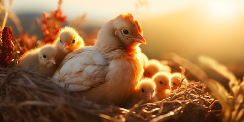 Guardian Mother Hen Shielding Chicks Under the Organic Farming Sun. Concept Mother Hen, Chicks, Farming, Organic, Sun Protection