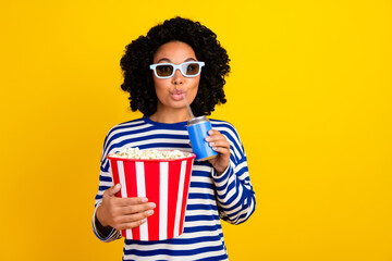 Portrait of funny girl wear striped sweatshirt in 3d glasses hold popcorn drink soda at cinema...